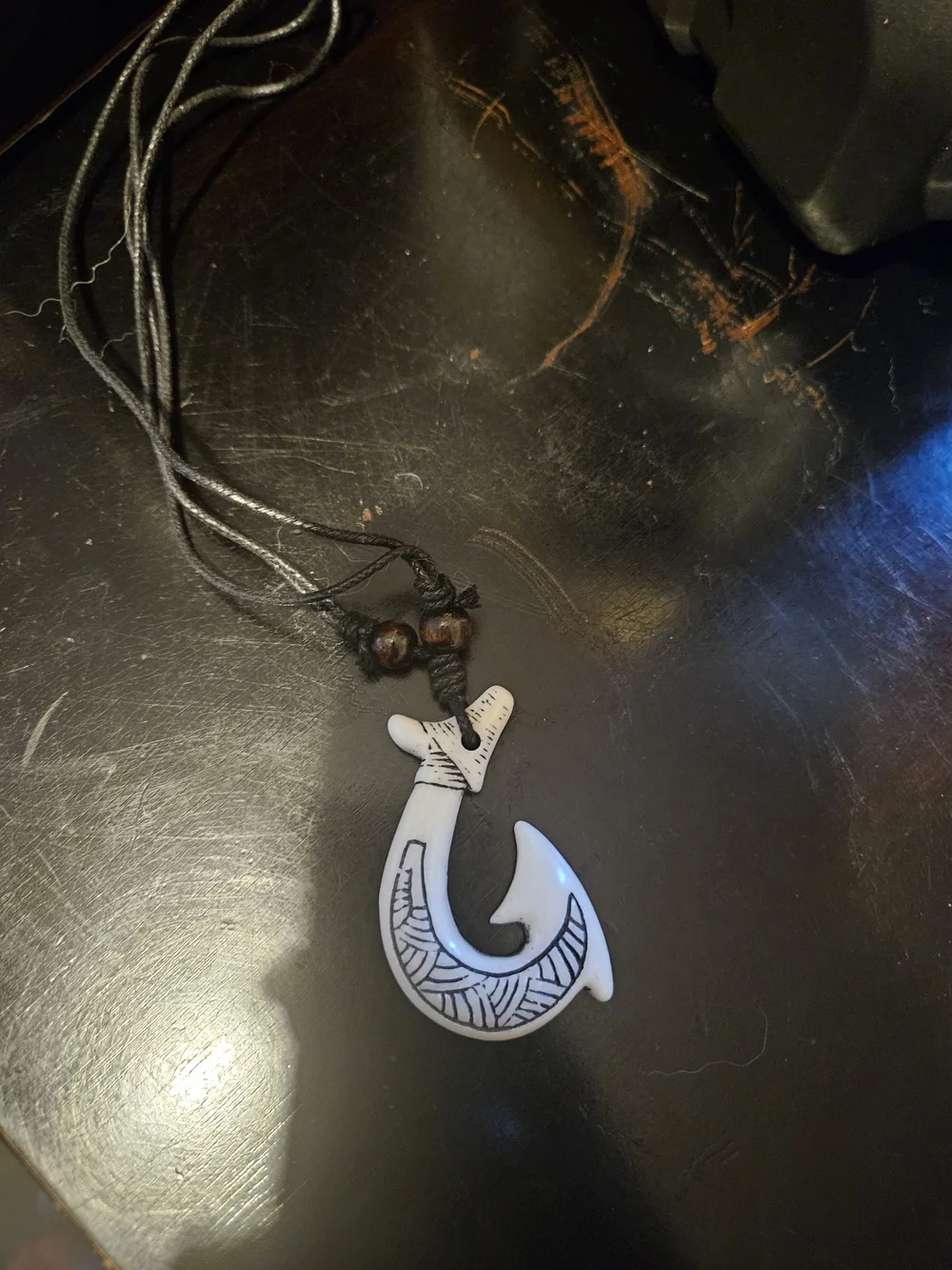 Hand-Carved Fish Hook Pendant Necklace - White with Black Detailing